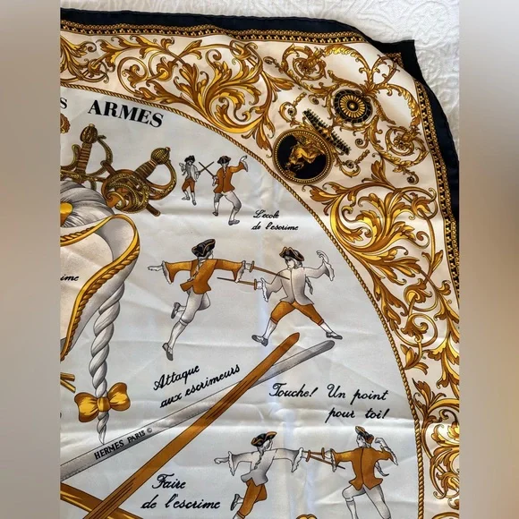 Hermes Carre 90 Traite des Arms Black Gold and White Silk Scarf with COA - Picture 7 of 12